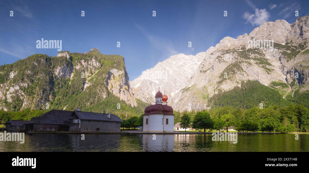 Sankt Bartholoma vor dem Watzmann on Konigsee lake near Jenner mount in Berchtesgaden National Park, Upper Bavarian Alps, Germany, Europe. Beauty of n Stock Photo