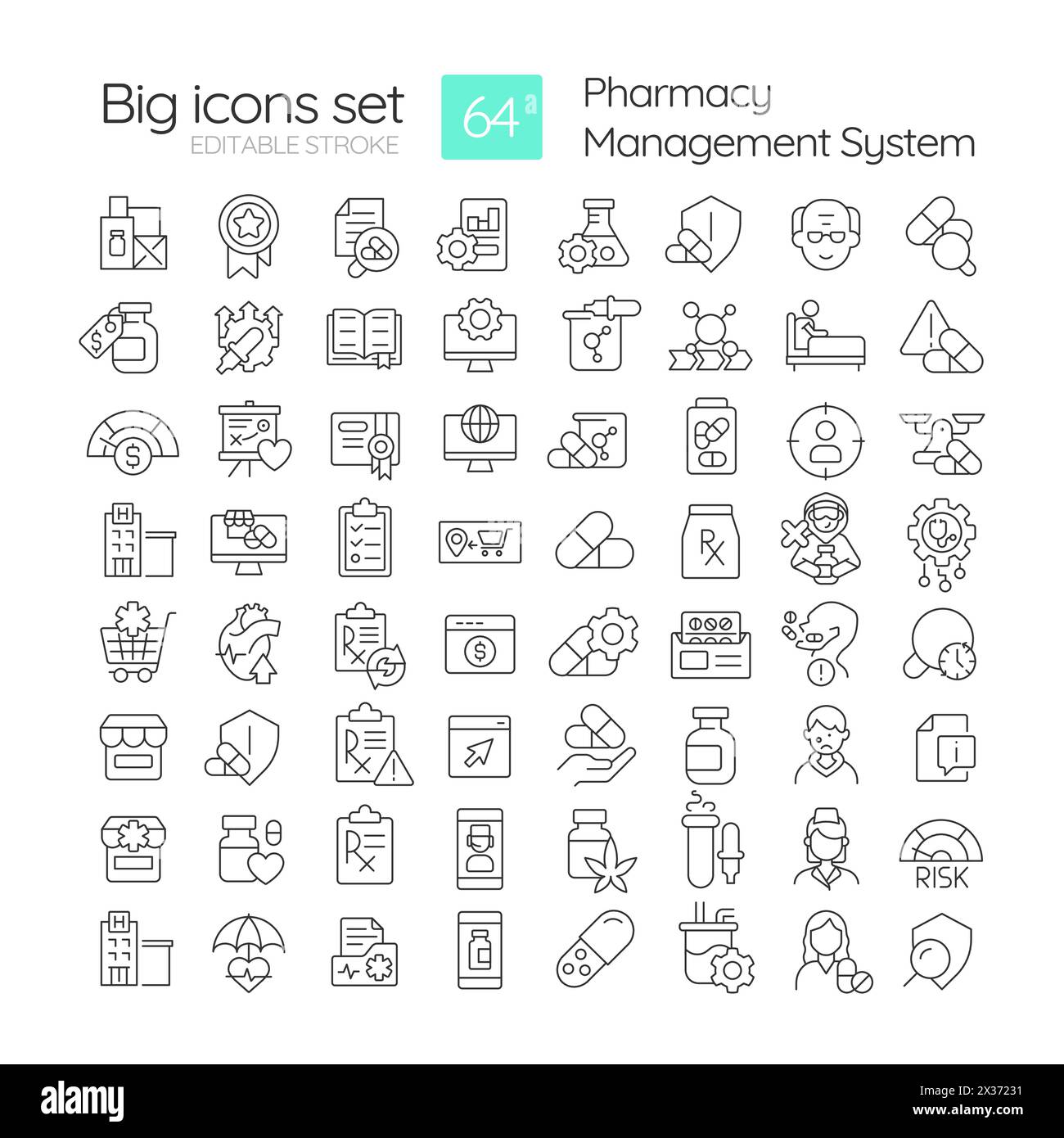 Pharmacy management system linear icons set Stock Vector