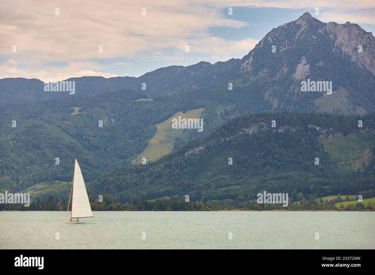 Sailing on Wolfgangsee lake. Salzburgerland. Austrian mountain landscape Stock Photo