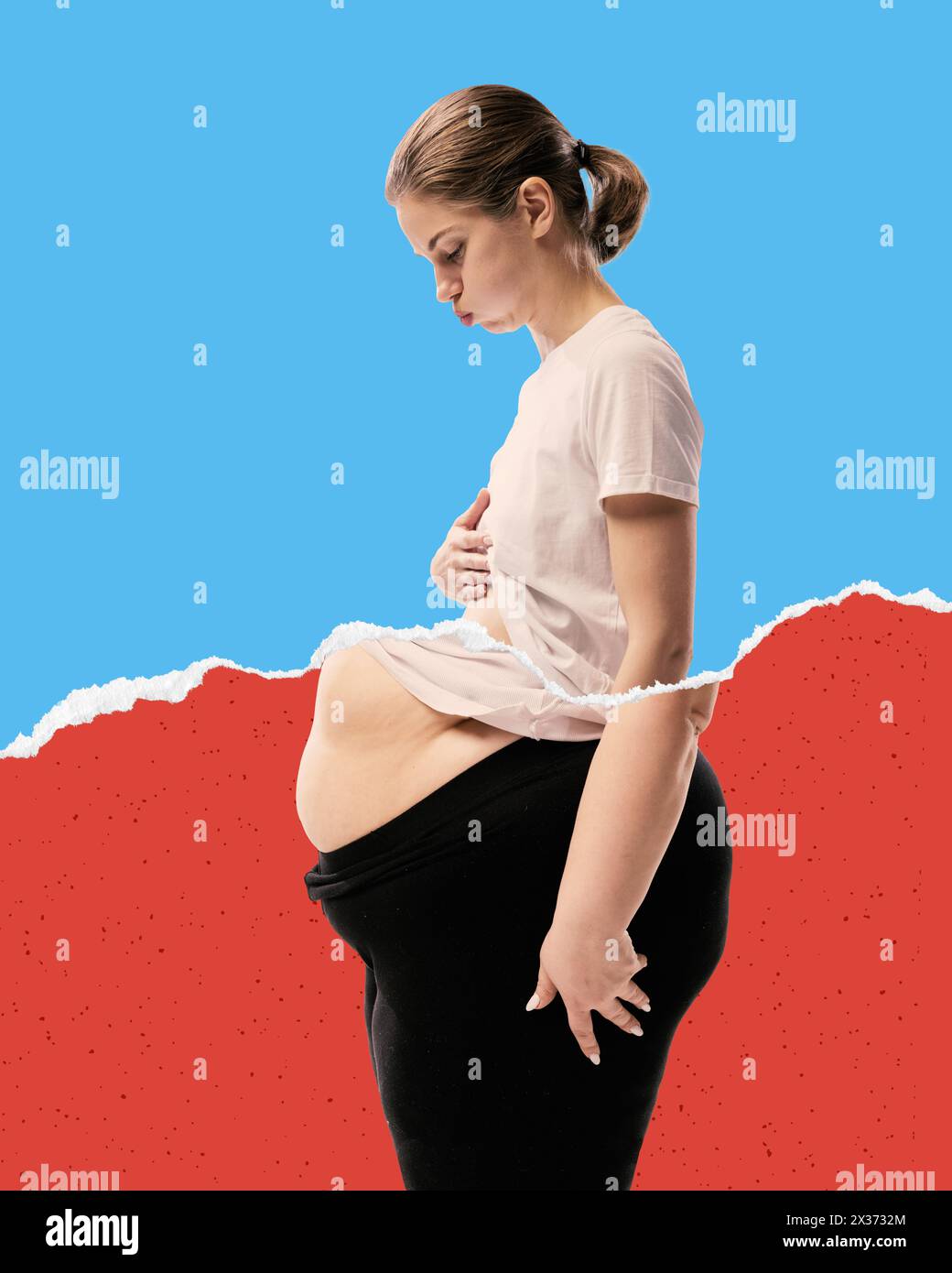 Contrast between female slim upper body and fat belly and legs, symbolizing journey of weight loss and fitness transformation. Conceptual design. Stock Photo