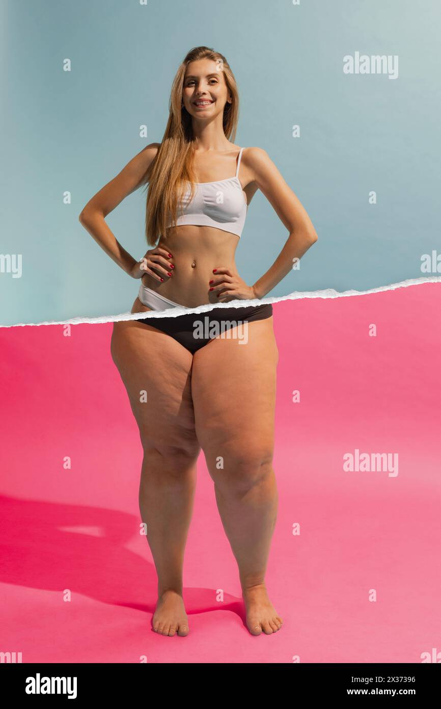 Smiling young woman with slim, relief upper body and fat legs with cellulite on the bottom. Conceptual design. Challenges and triumphs of fitness Stock Photo