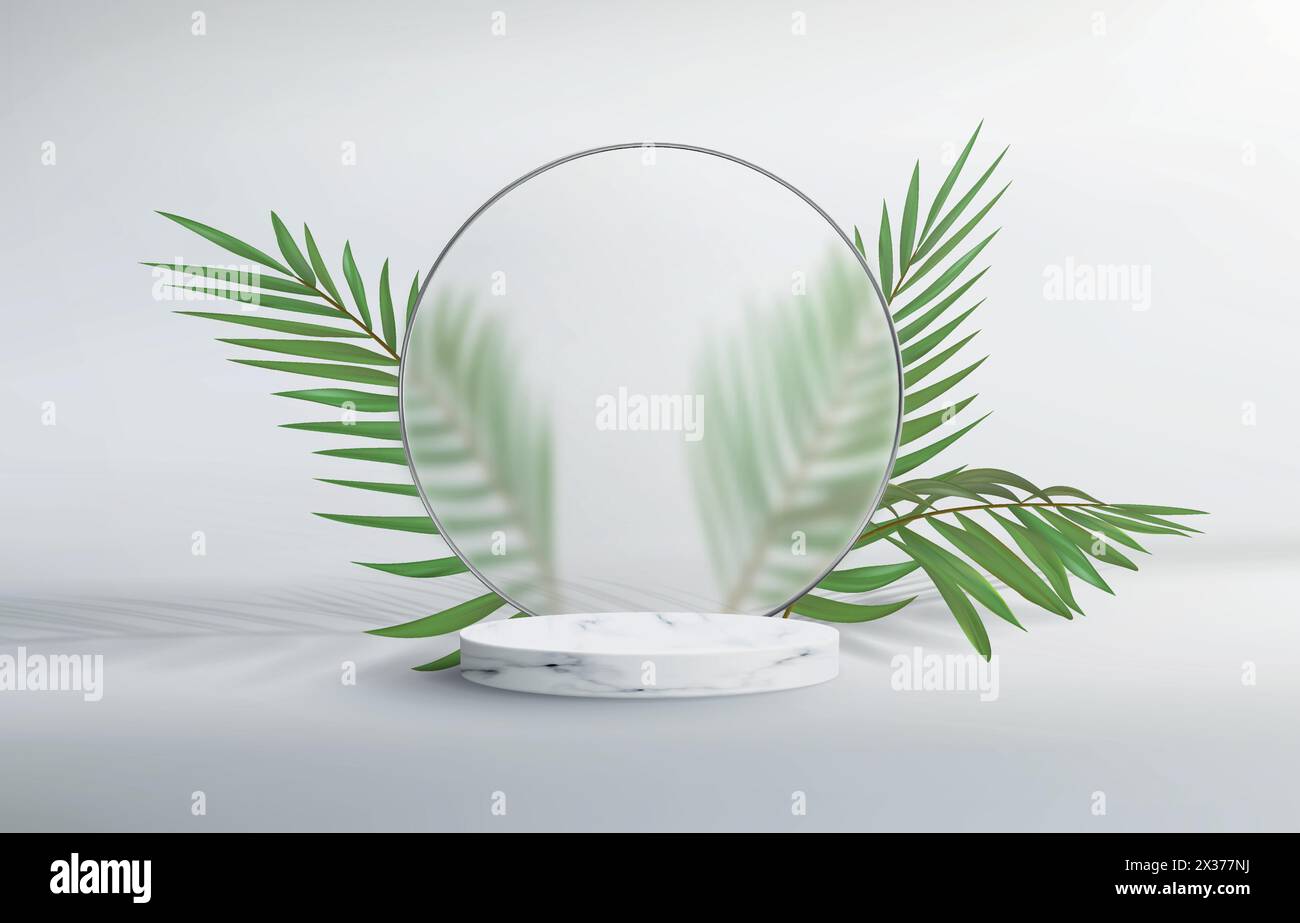3d abstract background with marble pedestal. Round frosted glass frame with plumber's sheets. Minimalistic realistic image of an empty podium to showc Stock Vector