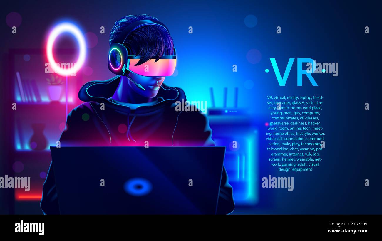 Teenager gamer with virtual reality headset in room with laptop on home workplace in darkness. Young man or guy wearing virtual reality or VR glasses Stock Vector