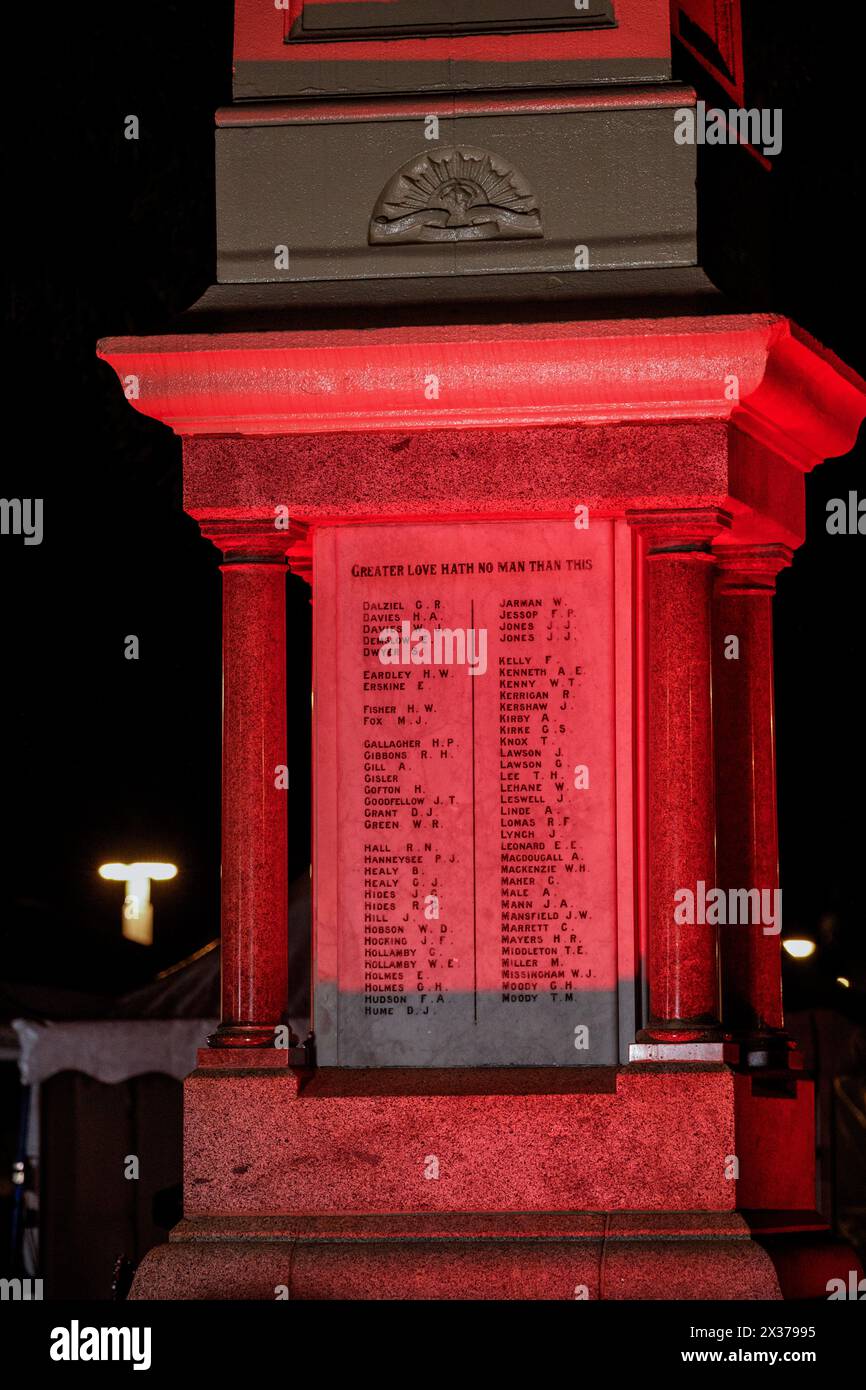 Names of fallen service people marked on the Cairns Cenotaph during the ANZAC Day dawn service. Current and retired Australian Defence Force members and their families took part in the ANZAC Day dawn service at the Cairns Cenotaph and march along Cairns Esplanade organized by the Cairns RSL (Returned and Services League of Australia) on the 25th of April 2024.Though ANZAC Day was initially to commemorate those lost during the Gallipoli campaign during the First World War, it is now marked in remembrance of all service people killed in military actions. Stock Photo