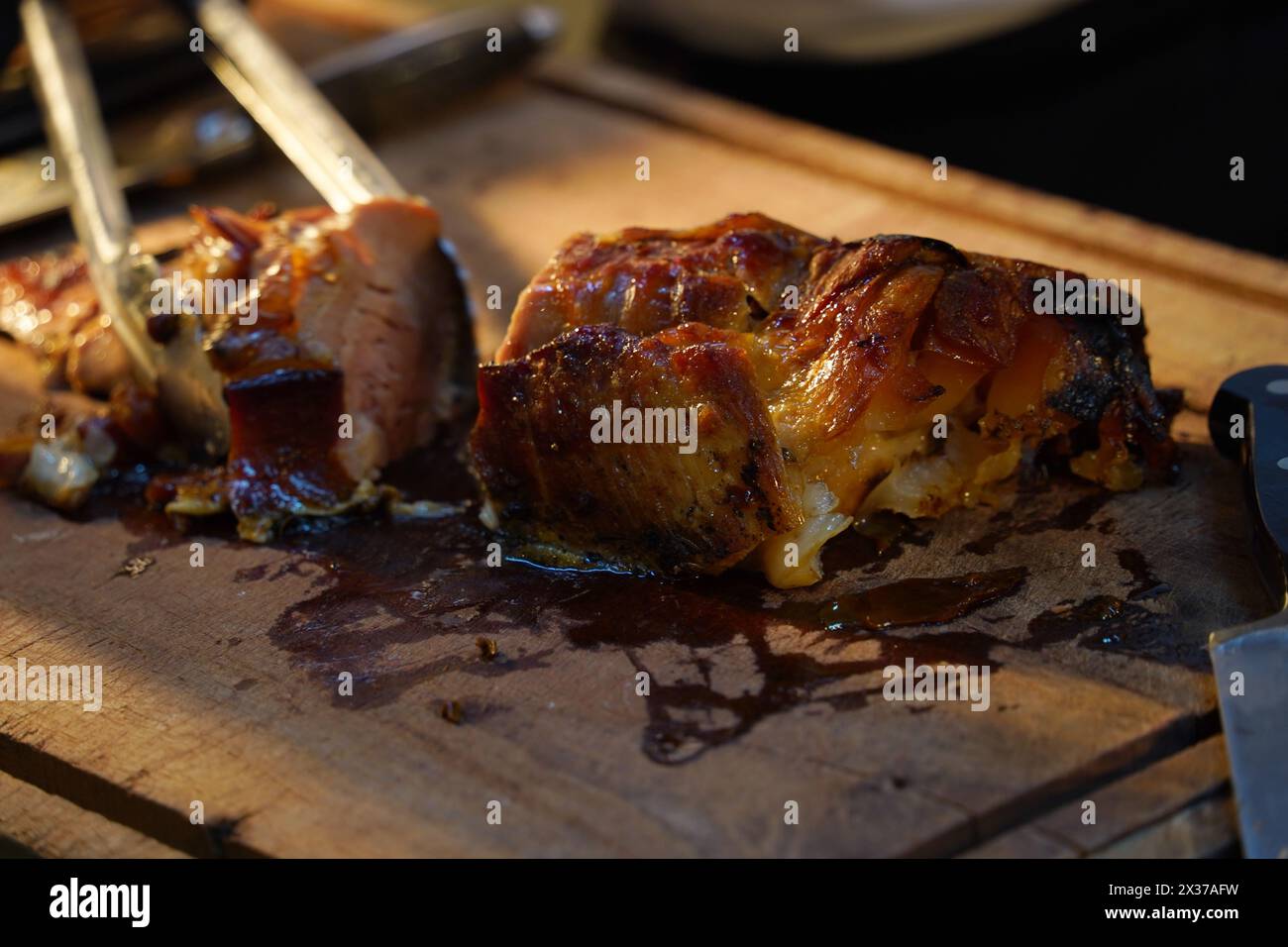 Roasted meat on wooden desk, grilled meat kebab Stock Photo