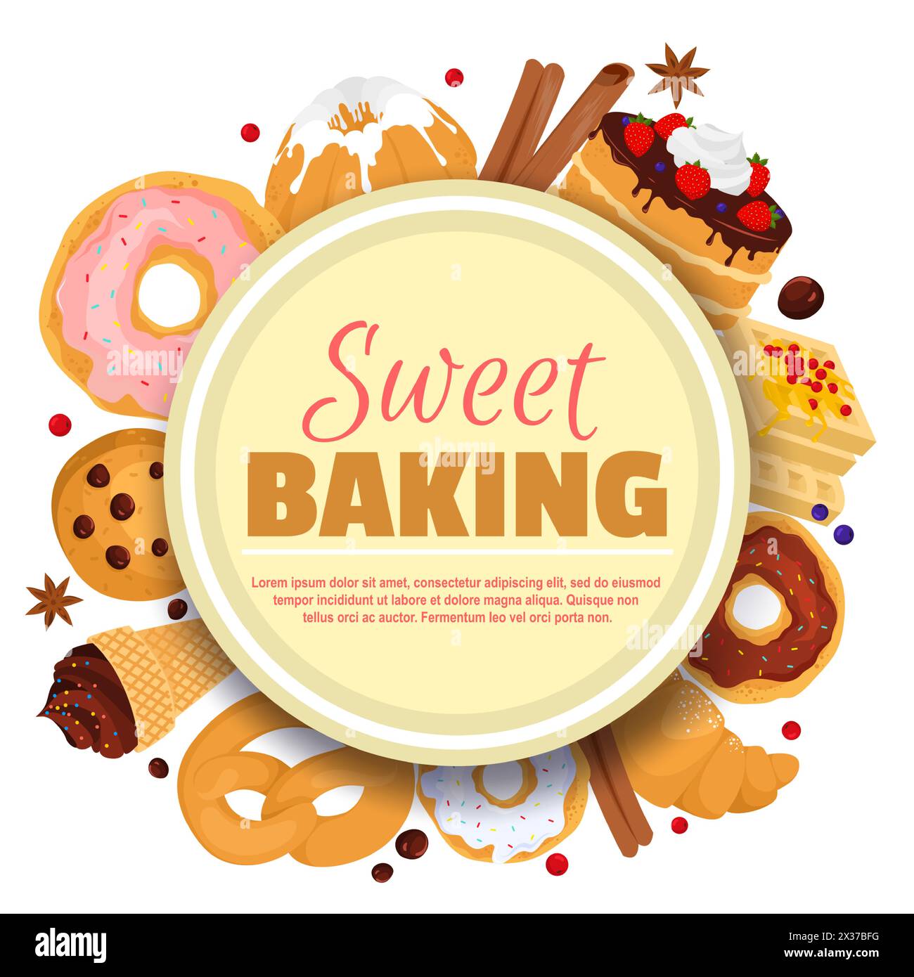 Sweet baking round frame poster template with tasty desserts design. Coffee shop, bakery house or confectionary store banner vector illustration Stock Vector