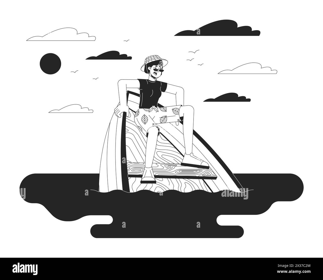 Asian woman surviving boat accident black and white cartoon flat