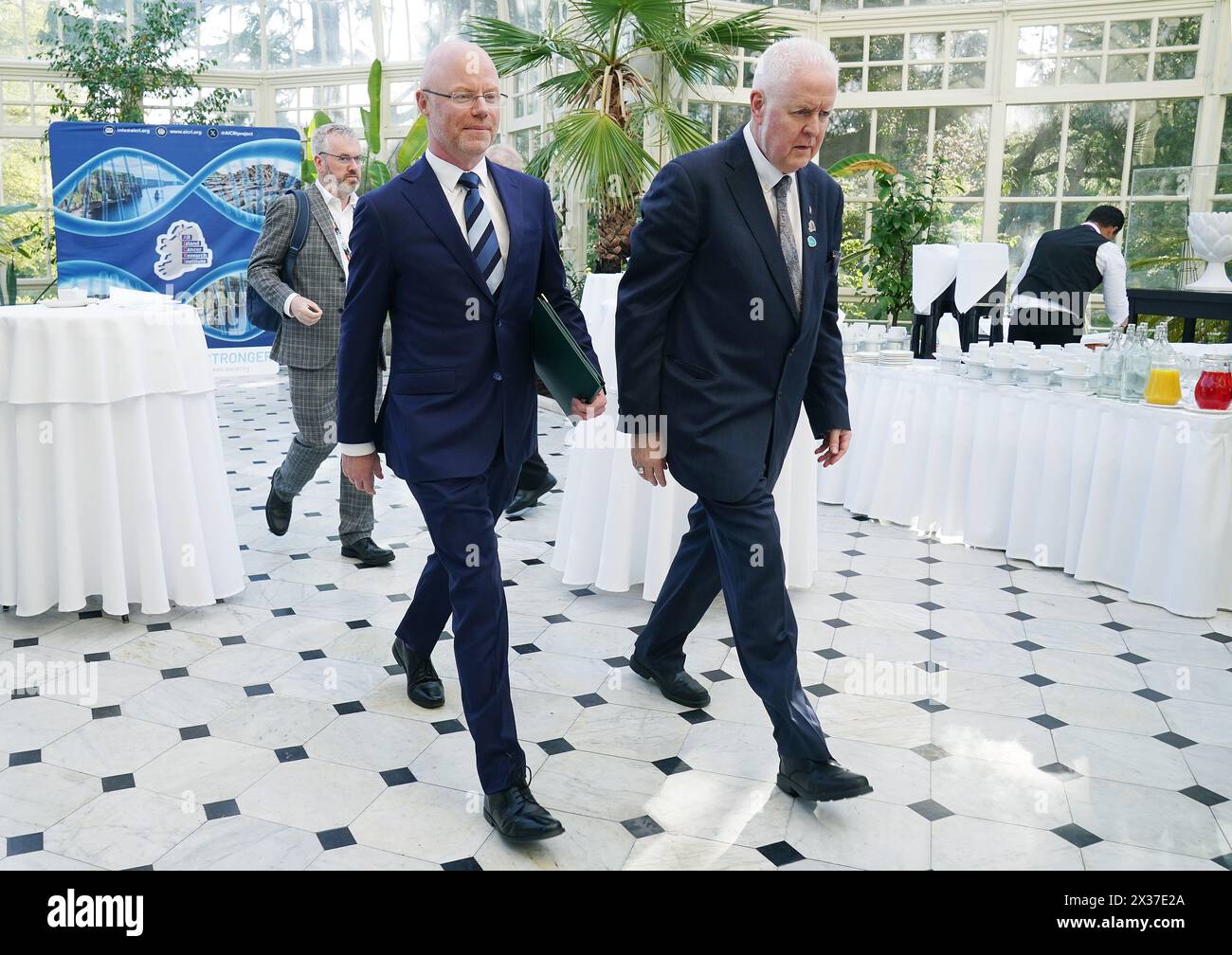 Minister for Health Stephen Donnelly (left) with European Cancer Organisation Special Network Co-Chair Mark Lawler at the Joint Euro-American Forum on Cancer at Farmleigh House, Dublin. Picture date: Thursday April 25, 2024. Stock Photo