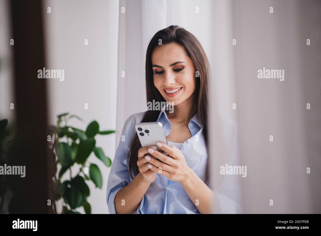 Portrait of pretty lady use smart phone texing wear shirt bright interior apartment indoors Stock Photo