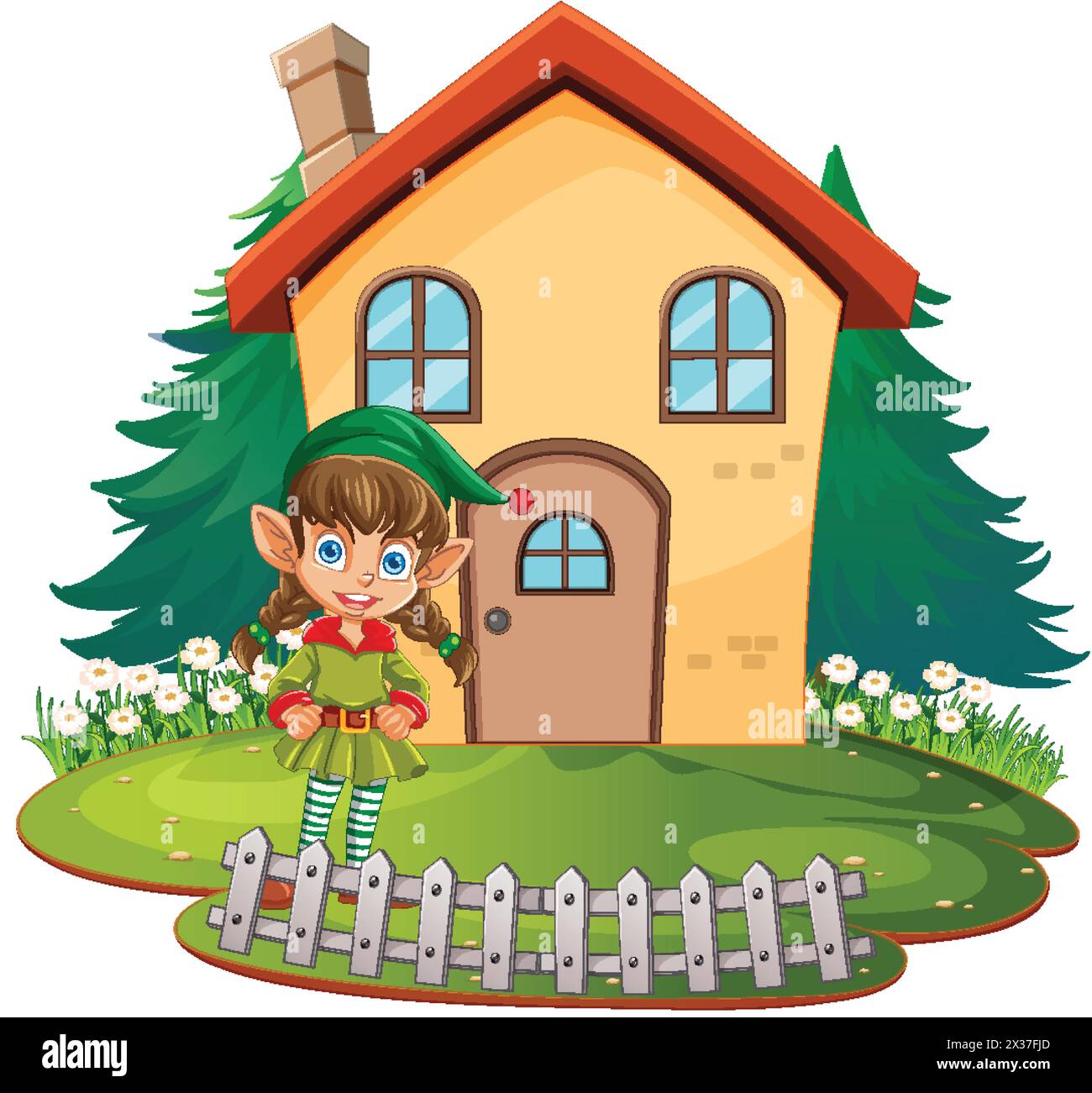 Cheerful elf standing outside a quaint house Stock Vector