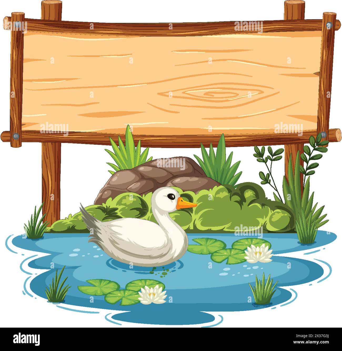 Duck floating peacefully near a blank signboard. Stock Vector