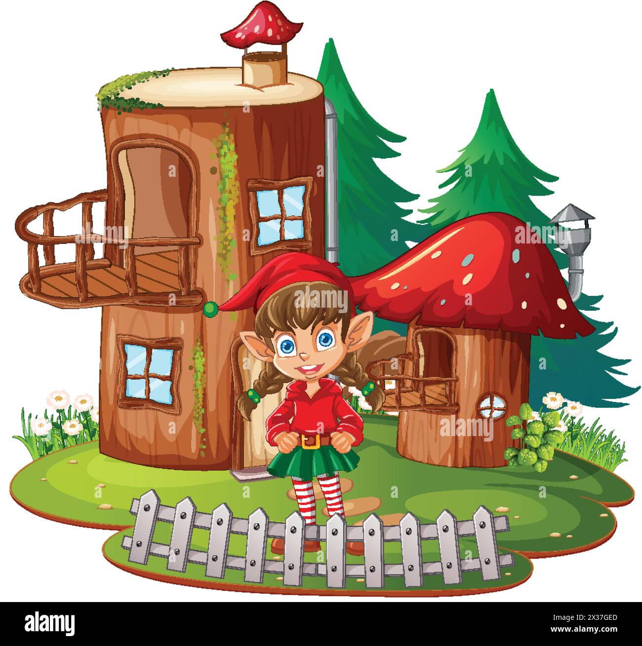 Cheerful elf outside a whimsical mushroom house Stock Vector