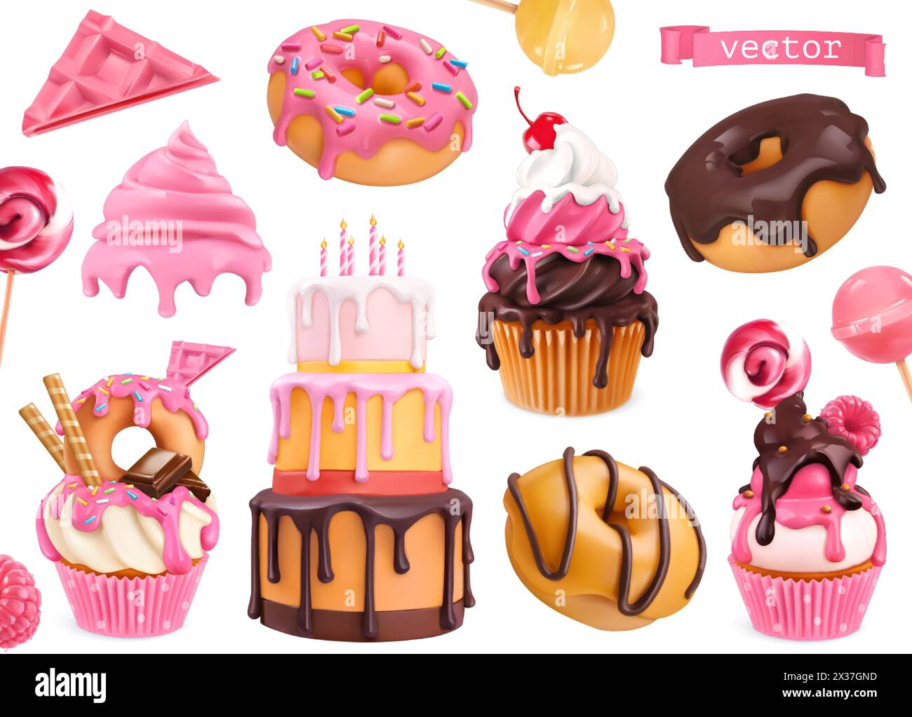 Sweets 3d vector realistic objects. Cupcakes, cake, donuts, candy. Food icons Stock Vector