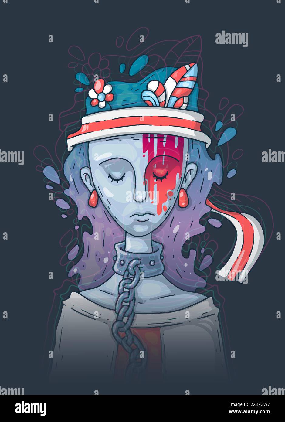 sad young girl, concept illustration of domestic violence. Social problems of sexism and victims of violence. Stock Vector