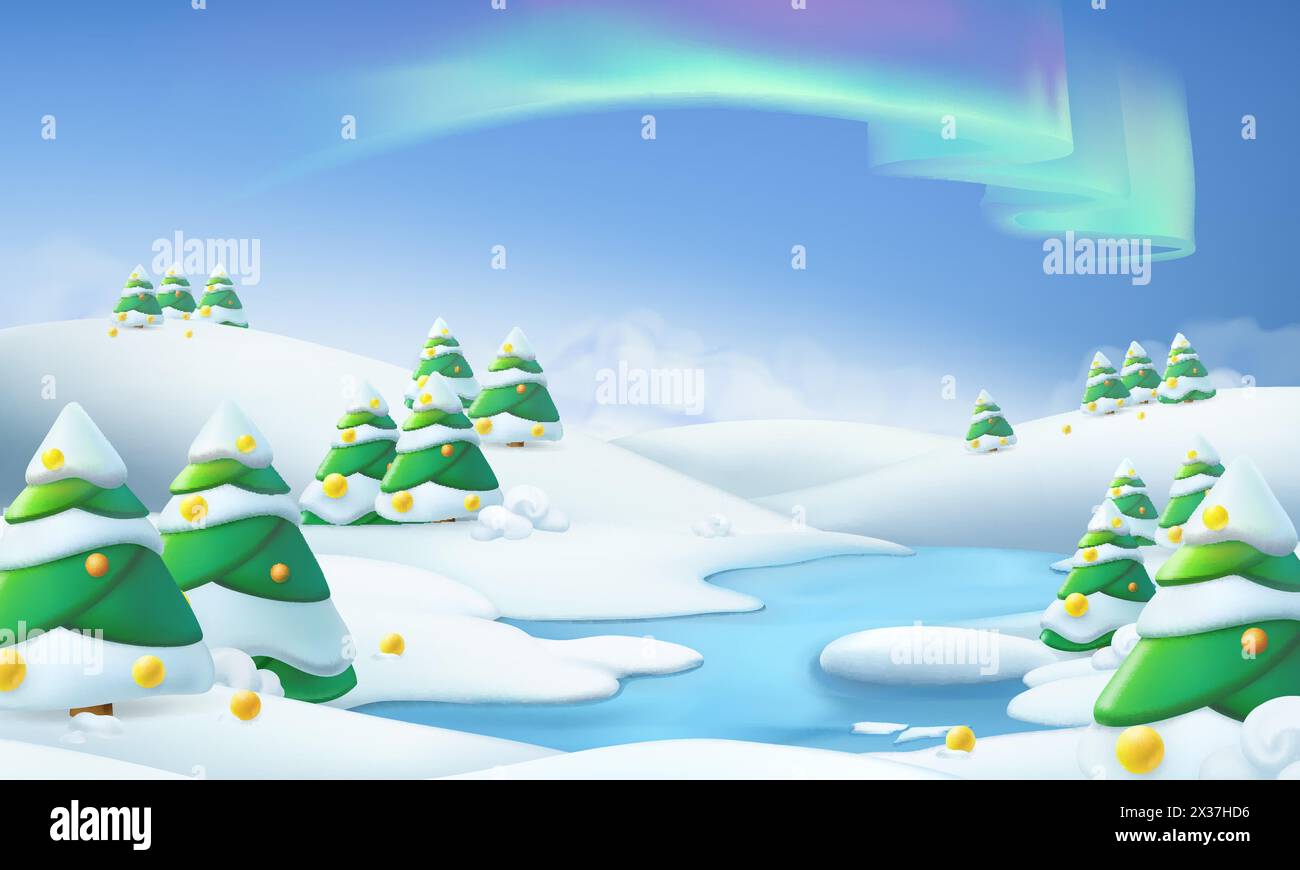 Winter landscape. Christmas background 3d vector illustration Stock Vector