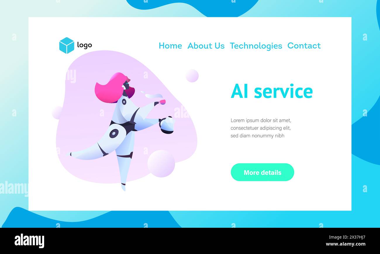 Robot girl flying gait carries a cup of coffee with a teapot. Metaphor