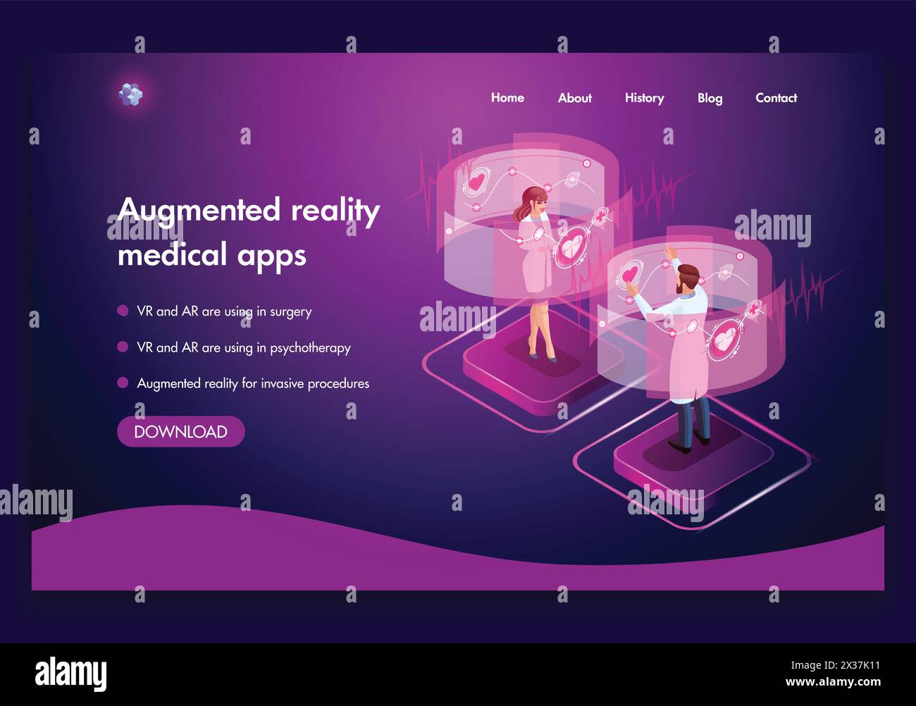 Website template design. Isometric medical concept of the work of doctors Augmented reality concept. VR and AR are used in surgery. Easy to edit and c Stock Vector