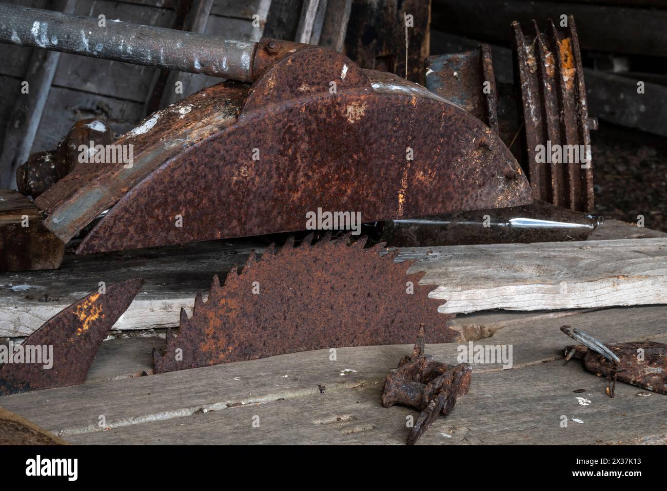 Bench saw at Endeans Mill, near Taumaranui, North Island, New Zealand Stock Photo