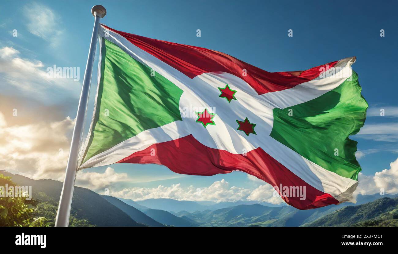 Fahnen, die Nationalfahne von Burundi flattert im Wind Stock Photo