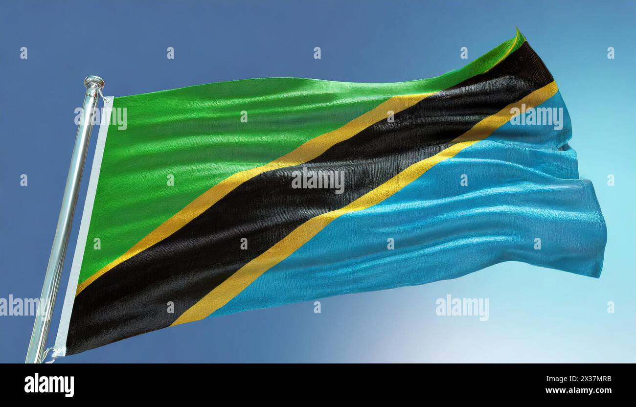 Fahnen, die Nationalfahne von Tansania  flattert im Wind Stock Photo