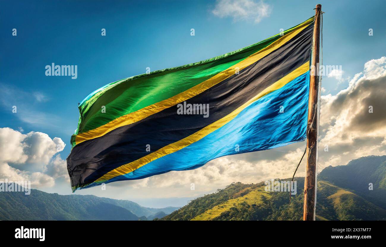 Fahnen, die Nationalfahne von Tansania  flattert im Wind Stock Photo