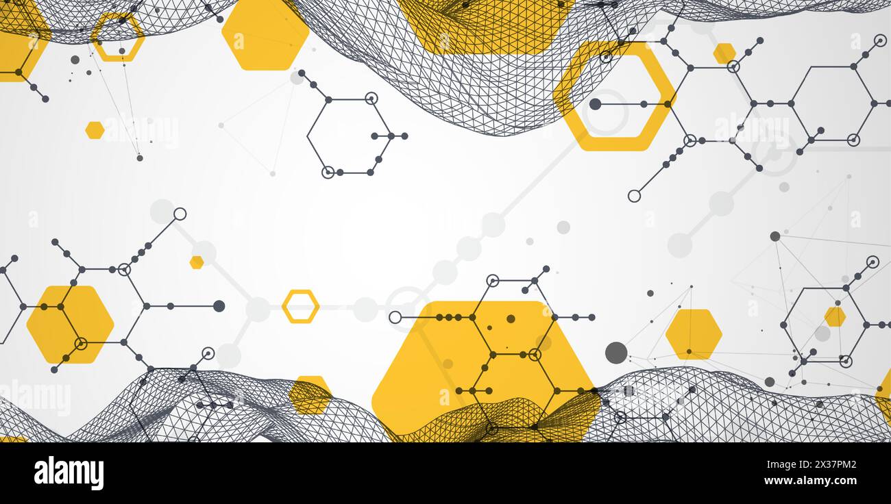 Scientific and technological background. Wireframe wave with hexagons of different types on a gray gradient. Stock Vector