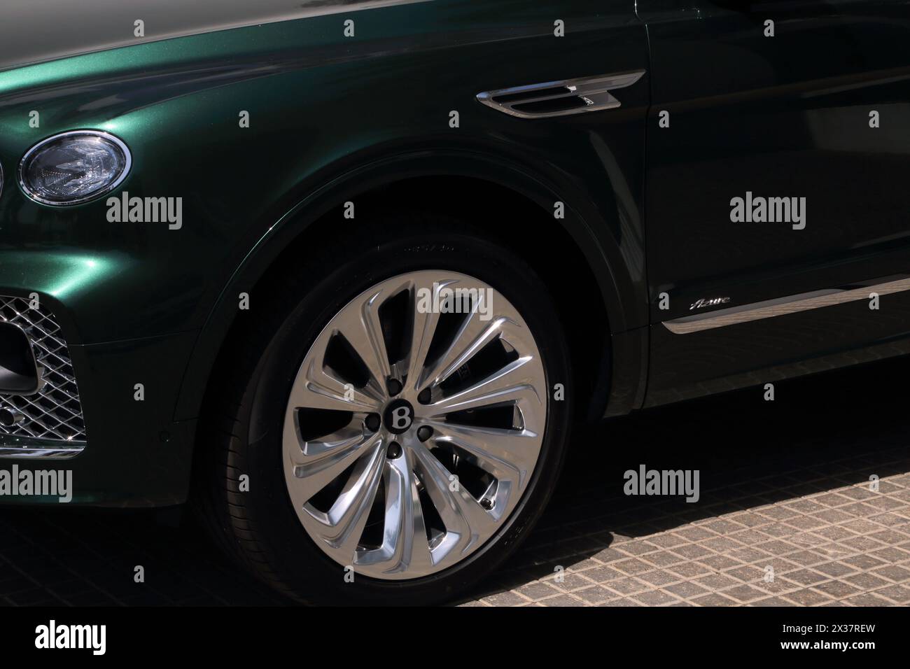 Close up of Bentley Wheel Parked outside The Chedi Hotel Muscat Oman Stock Photo