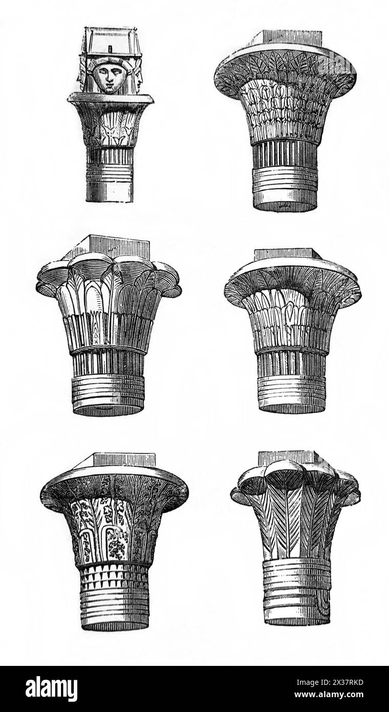 Wood Engraving Capitals of Egyptian Columns from 19th Century Illustrated Family Bible Stock Photo