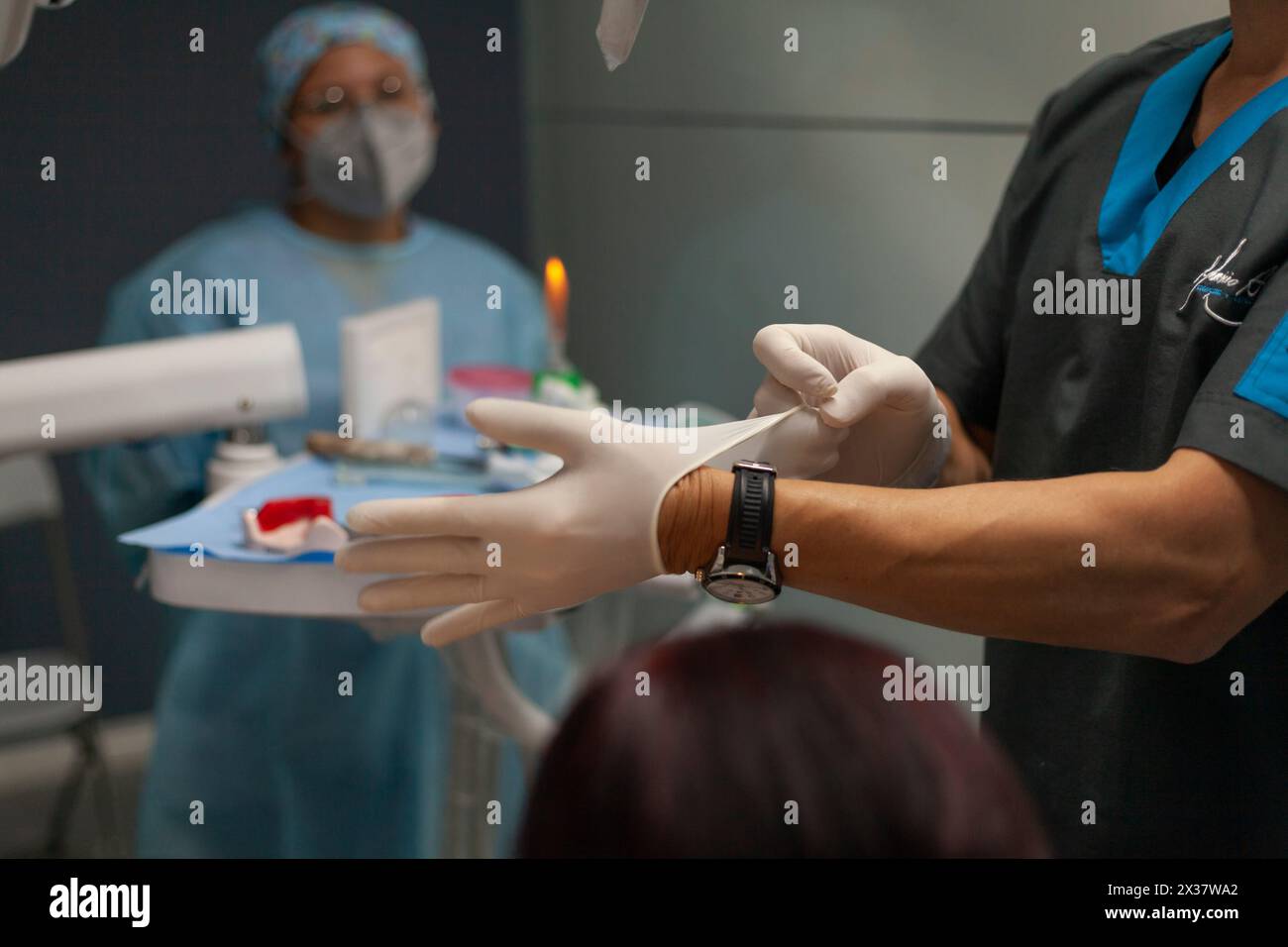 Dentist putting on latex gloves Stock Photo