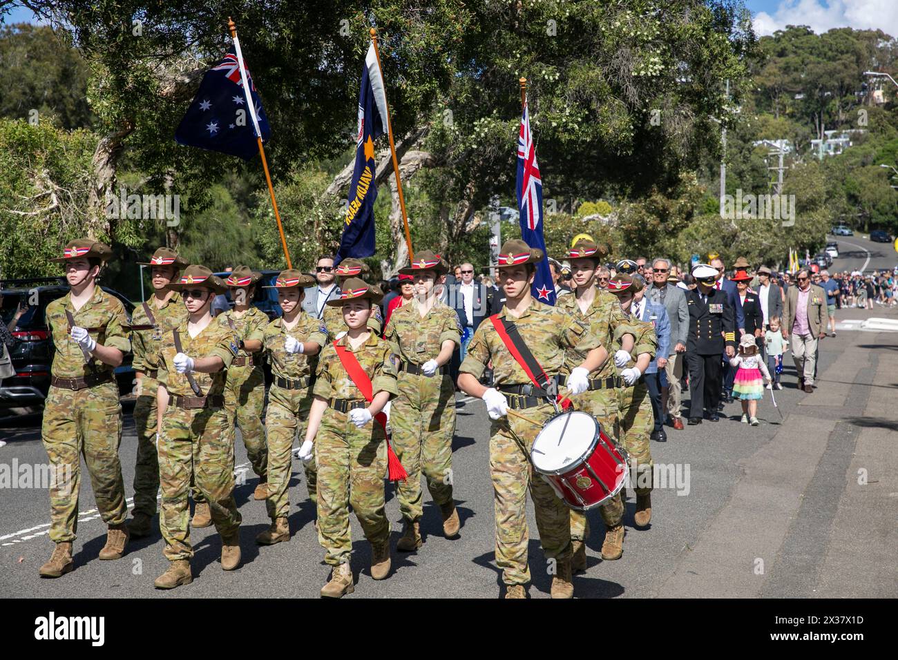 ANZAC Day 2024, young australian defence force cadets march and play music during Avalon Beach RSL ANZAC march parade, Sydney,NSW,Australia Stock Photo