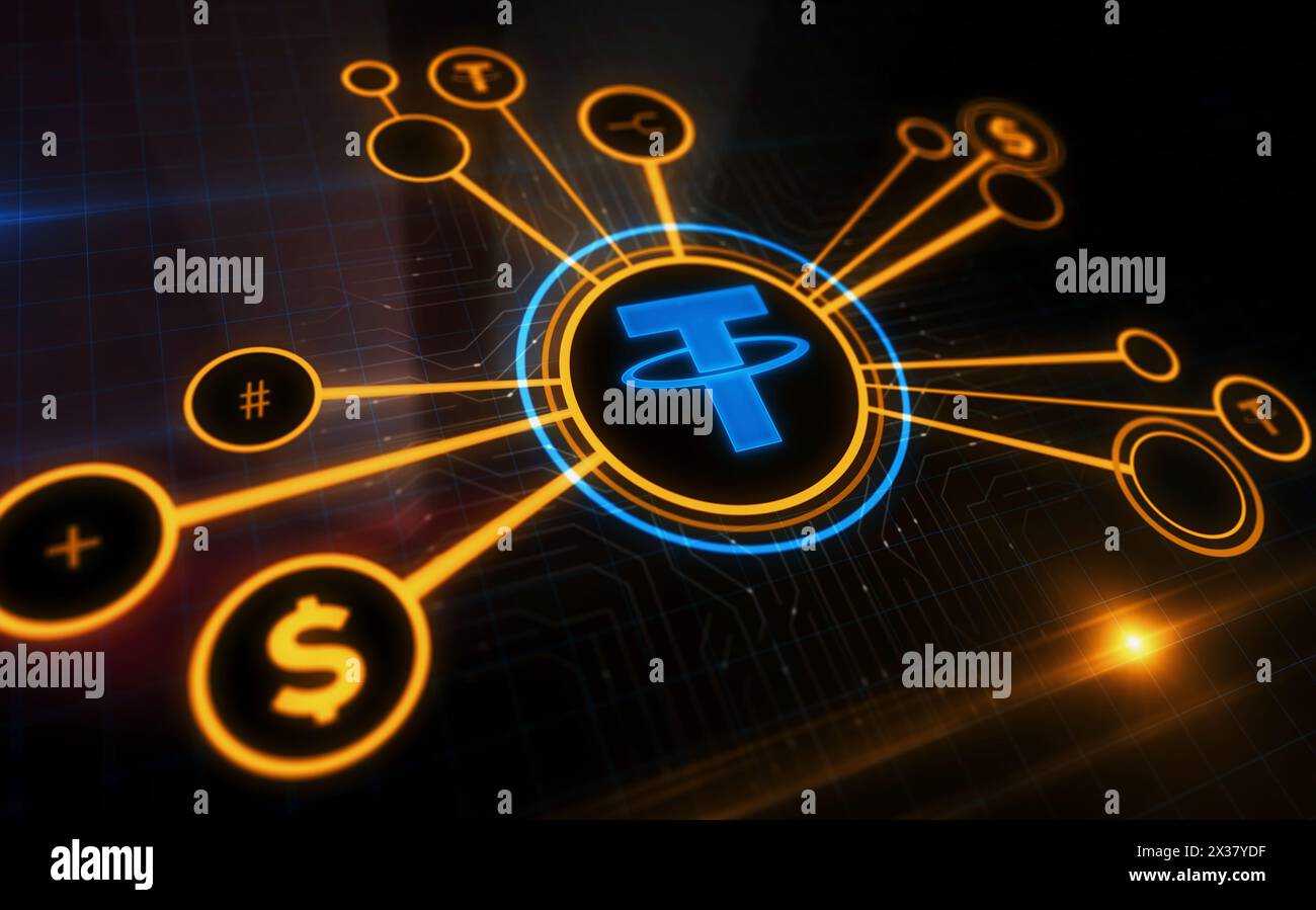 Tether USDT stablecoin cryptocurrency digital dollar symbol digital  concept. Network, cyber technology sign and computer background abstract  icon 3d i Stock Photo - Alamy