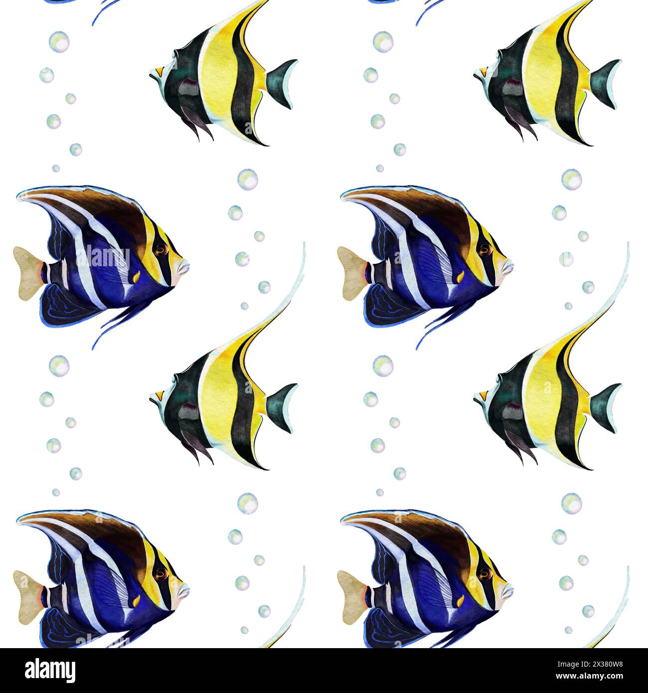 Simple seamless pattern of yellow and blue tropical fish and bubbles ...