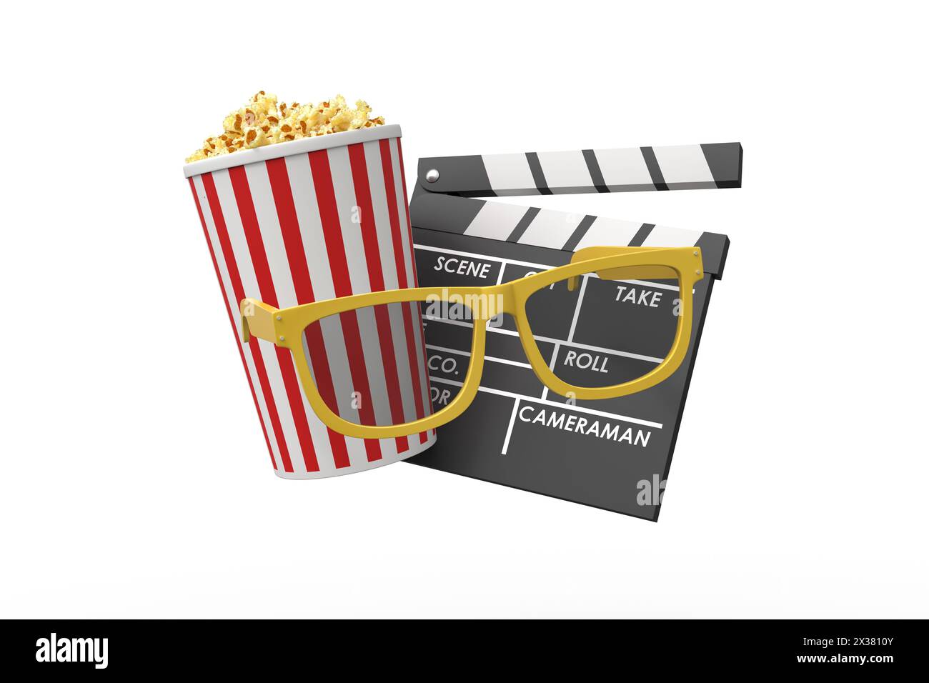 Popcorn and clapperboard with yellow glasses Stock Photo