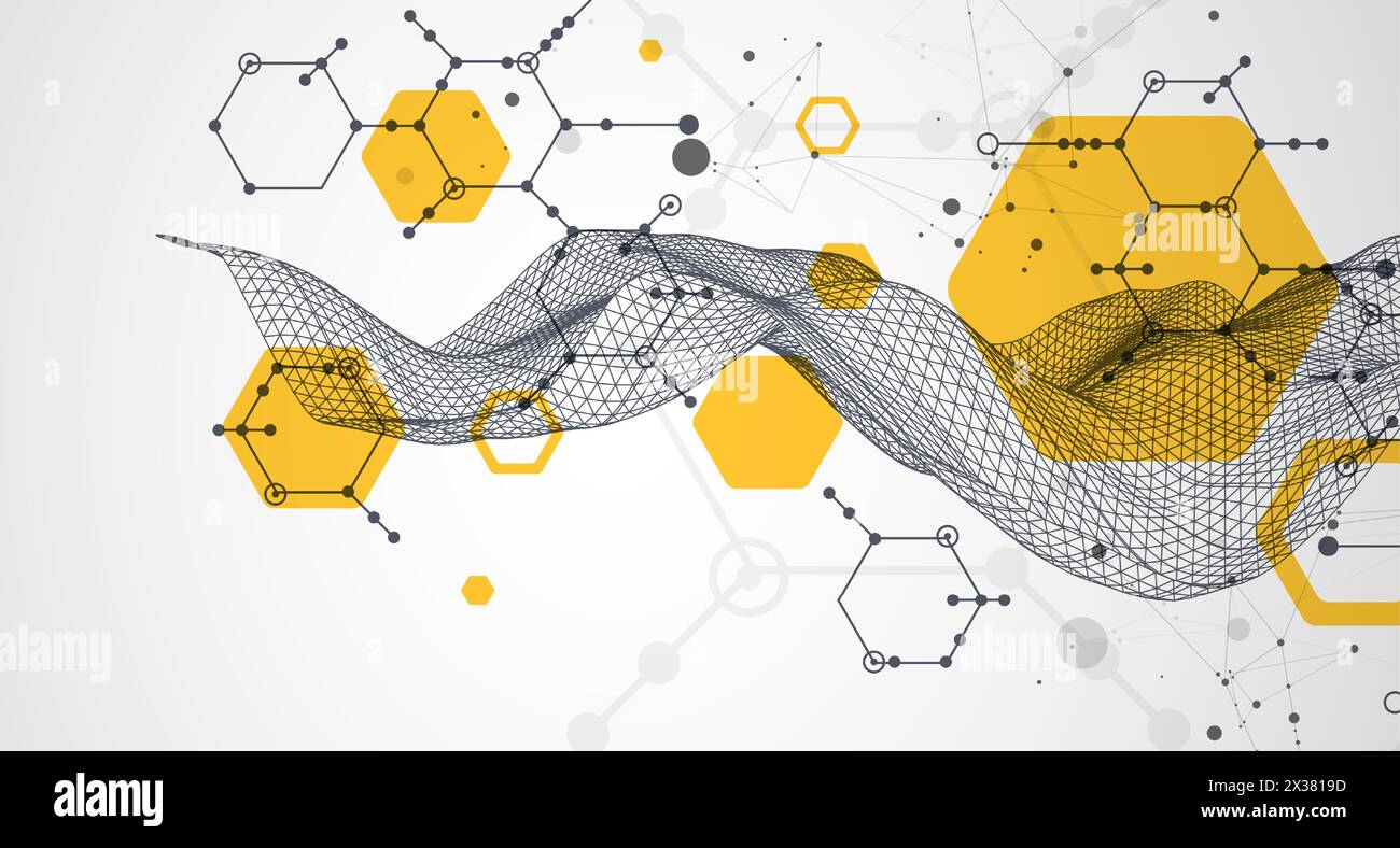 Scientific and technological background. Wireframe wave with hexagons of different types on a gray gradient. Stock Vector