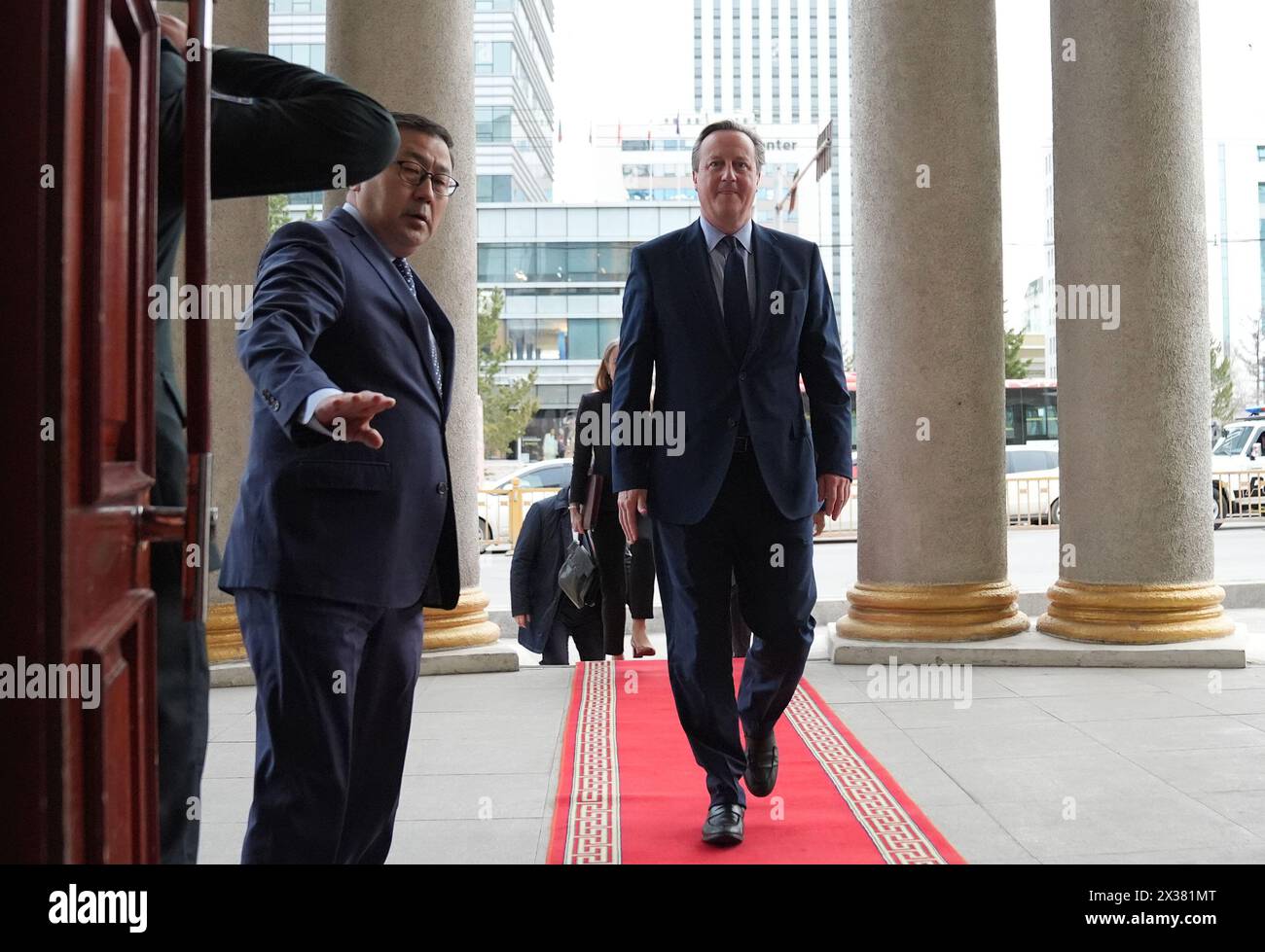 Foreign Secretary Lord David Cameron arrives at the Ministry of Foreign Affairs in Ulaanbaatar, Mongolia ahead of a meeting with Mongolian Foreign Minister Battsetseg Batmunkh, during his five day tour of the Central Asia region. Picture date: Thursday April 25, 2024. Stock Photo