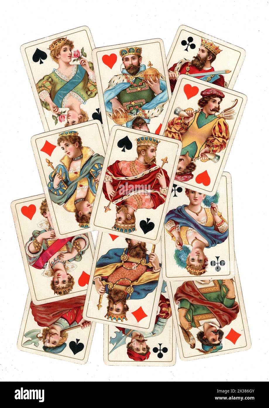 A montage of antique playing cards showing jacks, queens and kings