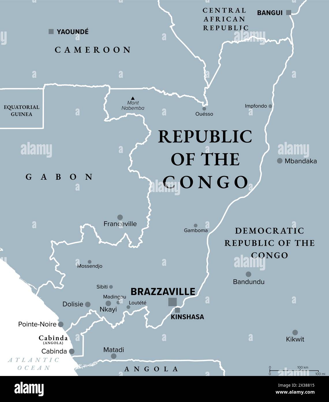 Republic of the Congo, gray political map. Also known as the Congo, a country located on the western coast of Central Africa, with capital Brazzaville. Stock Photo