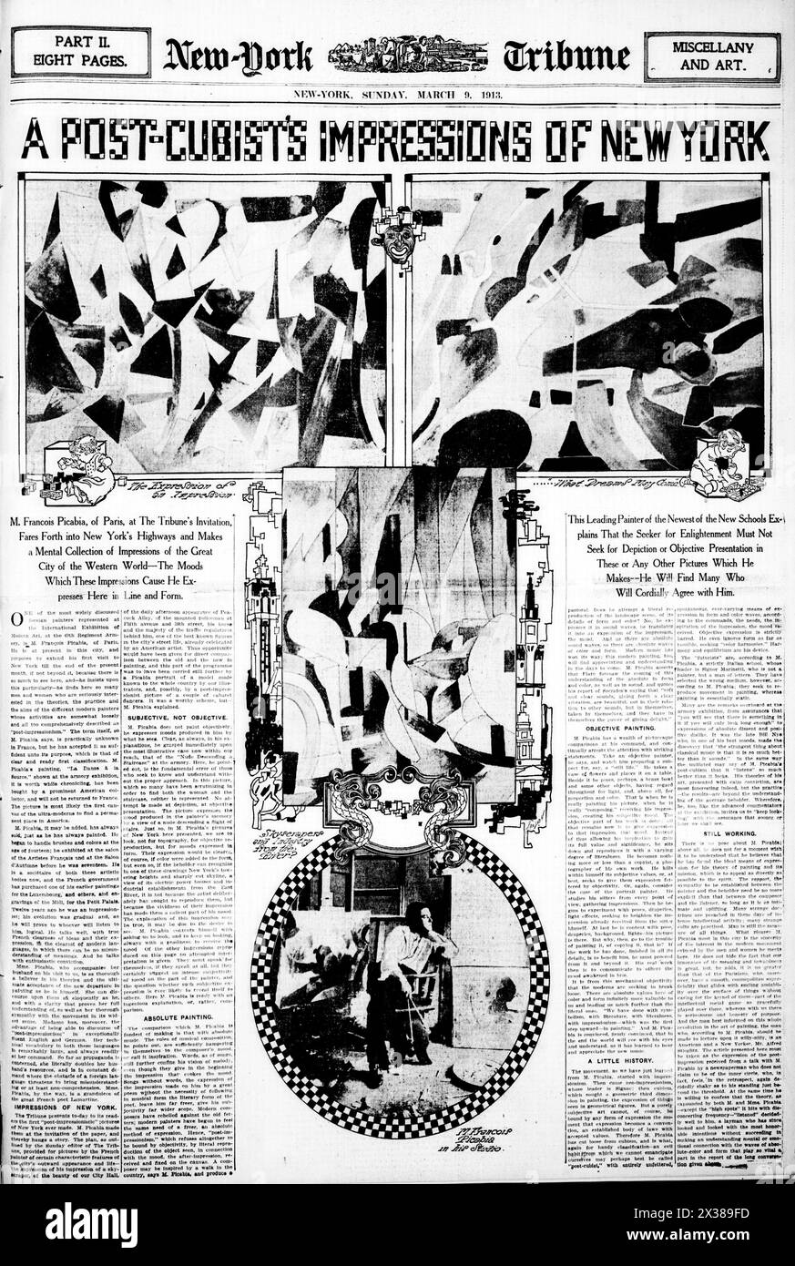 Francis Picabia, paintings published in the New York Tribune, 9 March 1913. Picabia held his first one-man show in New York, Exhibition of New York studies by Francis Picabia, Stock Photo