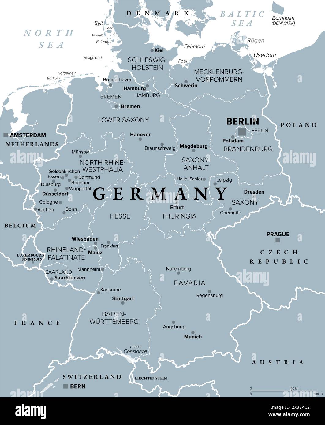 Germany, officially Federal Republic of Germany, gray political map. Country in Central Europe with capital Berlin. Stock Photo