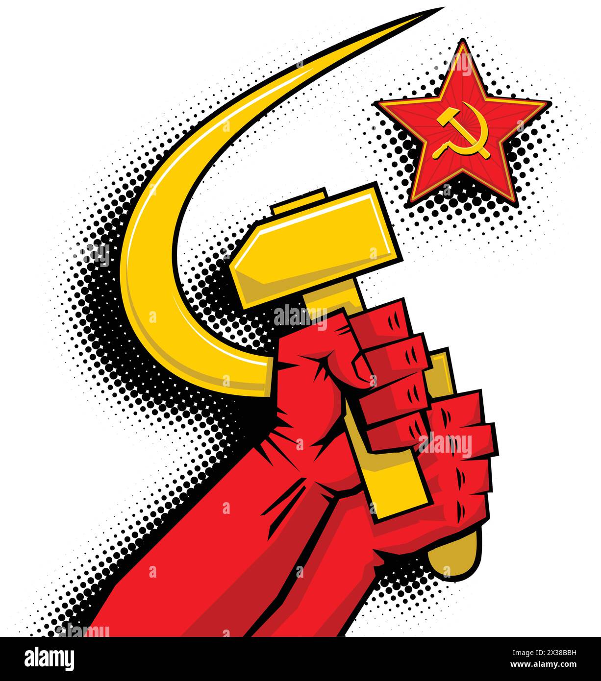 Sickle and hammer in hands, red star. Propaganda poster template in pop ...