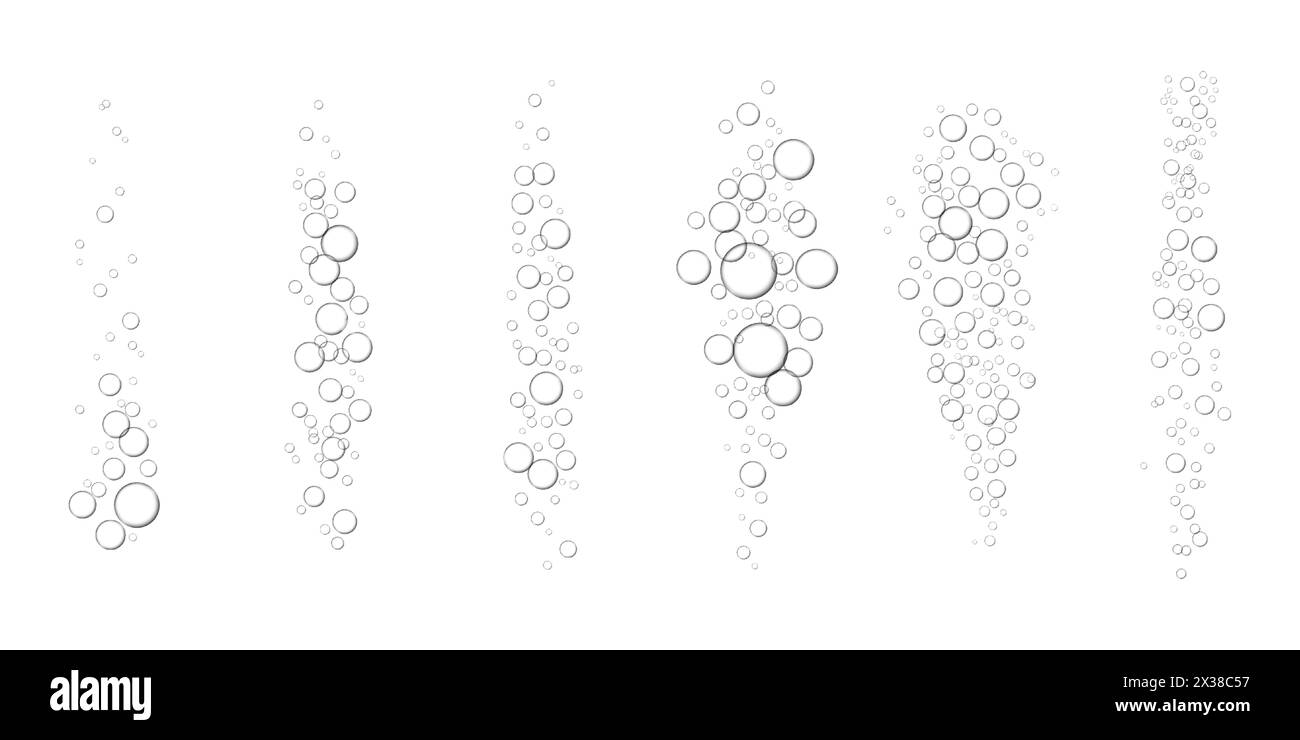 Underwater fizzy air, oxygen or water bubbles isolated on white background. Realistic illustration of fizzing sparkles in effervescent drink. Soda or Stock Vector