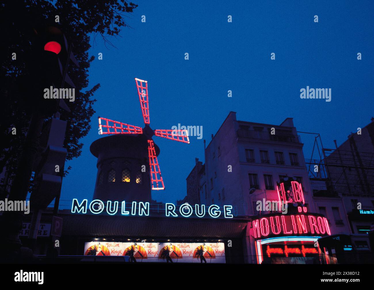 France. Paris region. Moulin Rouge at night. Stock Photo