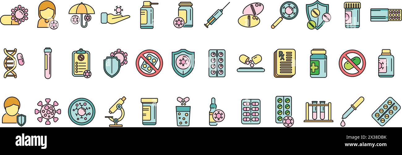 Antibiotic resistance icons set outline vector. Immune drug. Medical ...