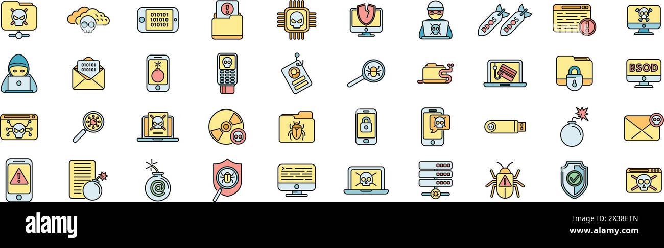Malware icons set outline vector. Cyber attack. Risk secure thin line color flat on white Stock Vector