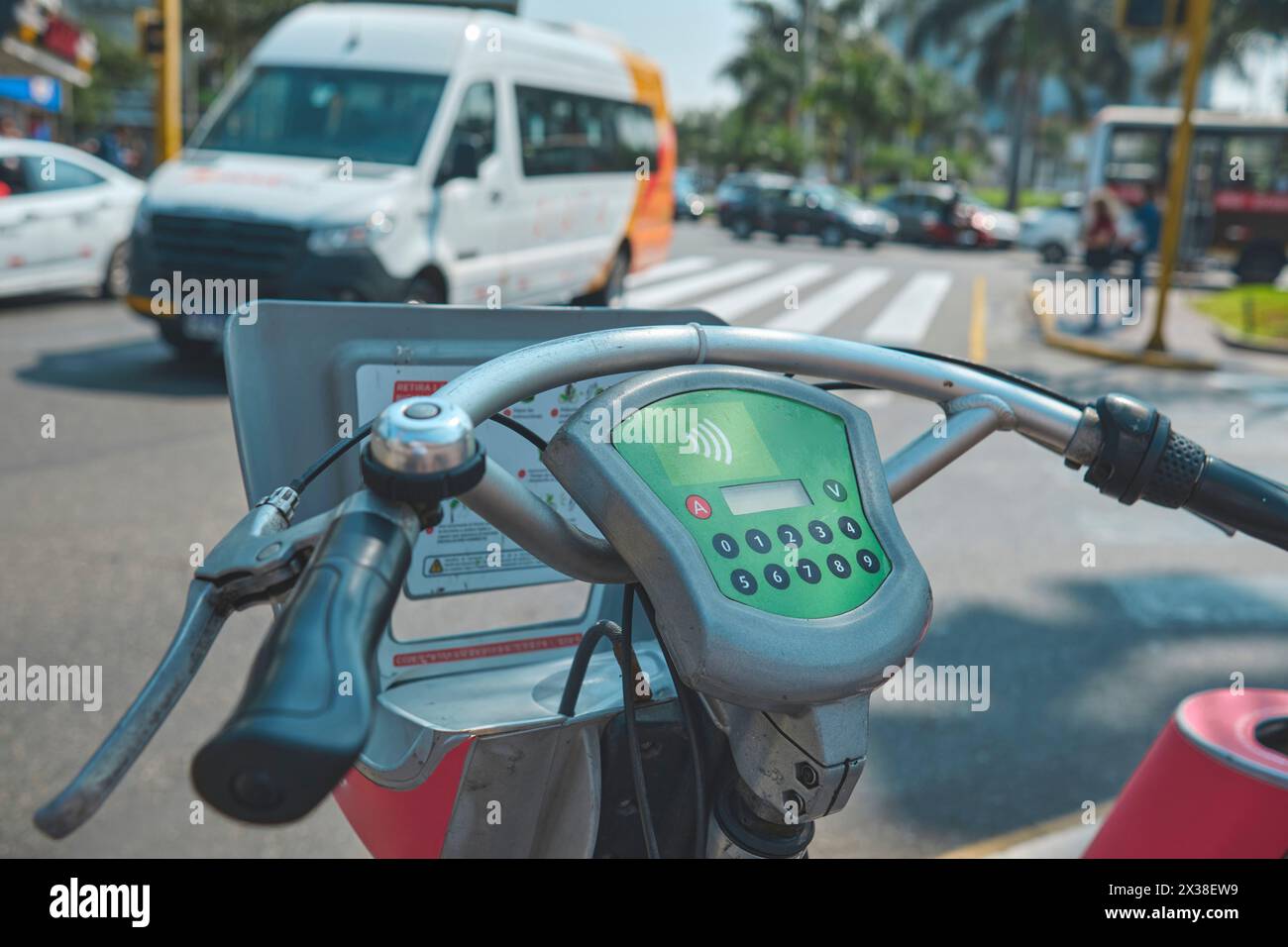 A bike with a green screen that says, rental bikes, bike tourism concept Stock Photo