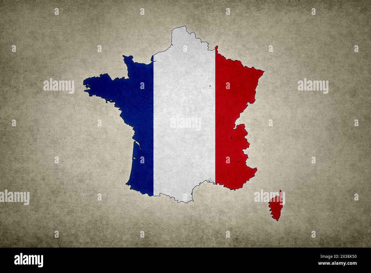 Grunge map of France with its flag printed within its border on an old ...
