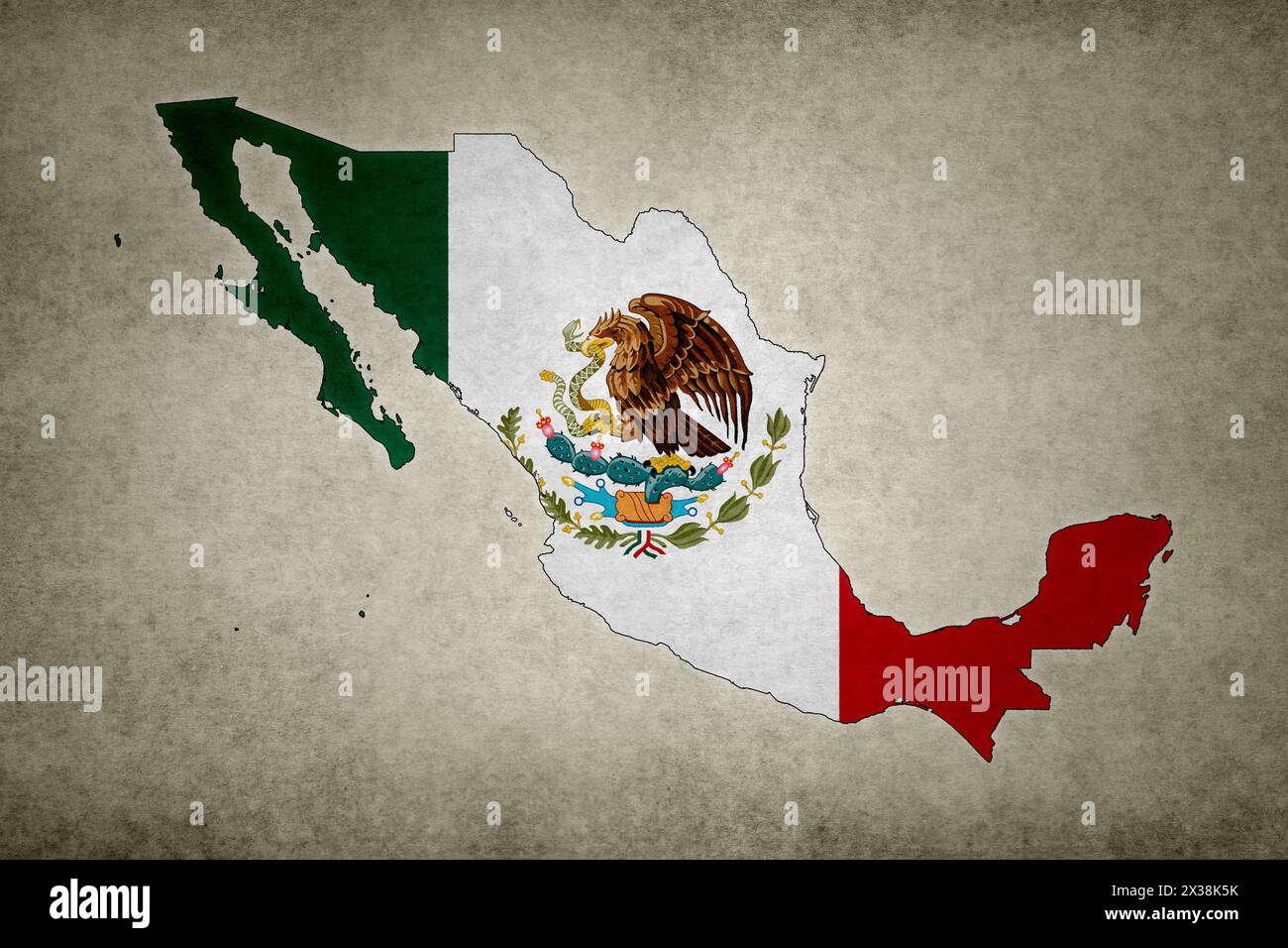 Grunge map of Mexico with its flag printed within its border on an old ...