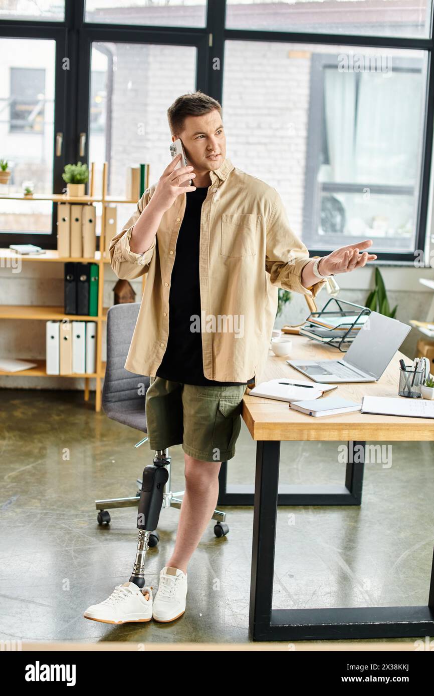 A businessman with a prosthetic leg works alongside a futuristic robot in his office. Stock Photo