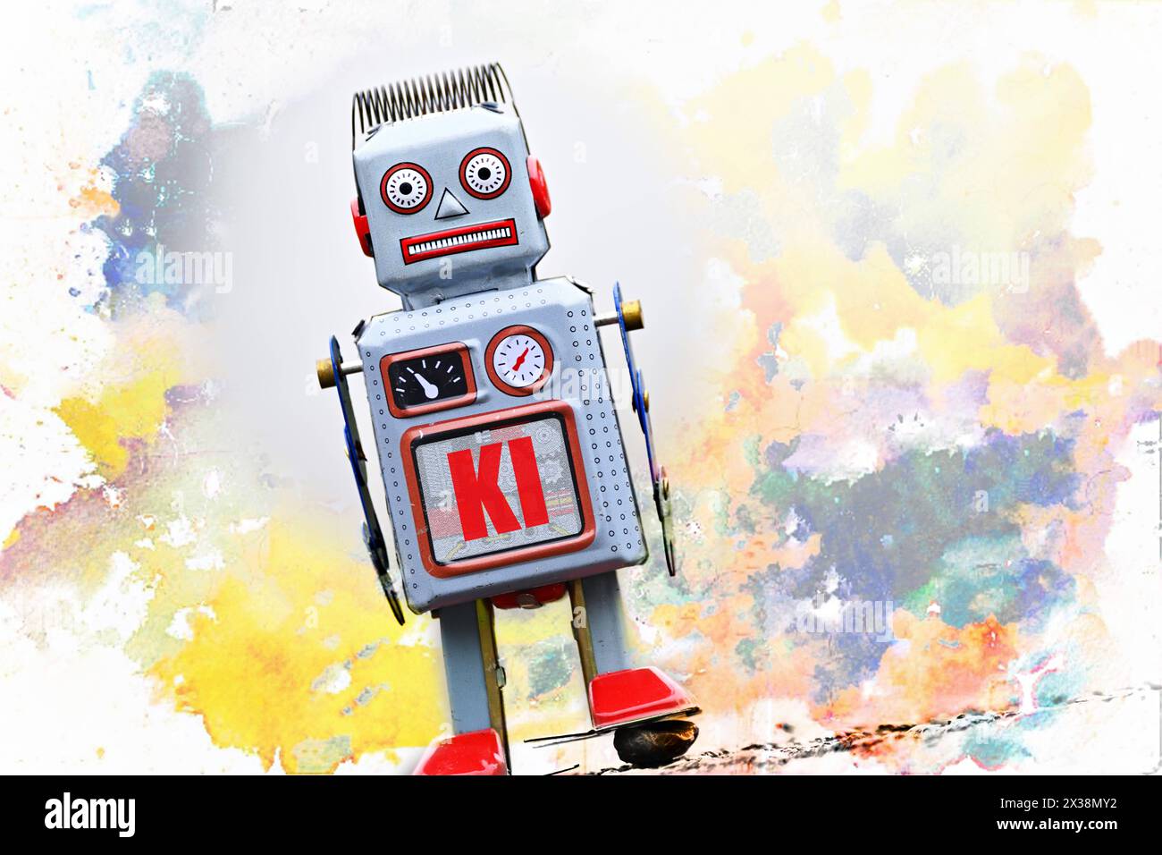 FOTOMONTAGE, Roboterfigur mit Aufschrift KI *** FOTOMONTAGE, robot figure with inscription AI Stock Photo
