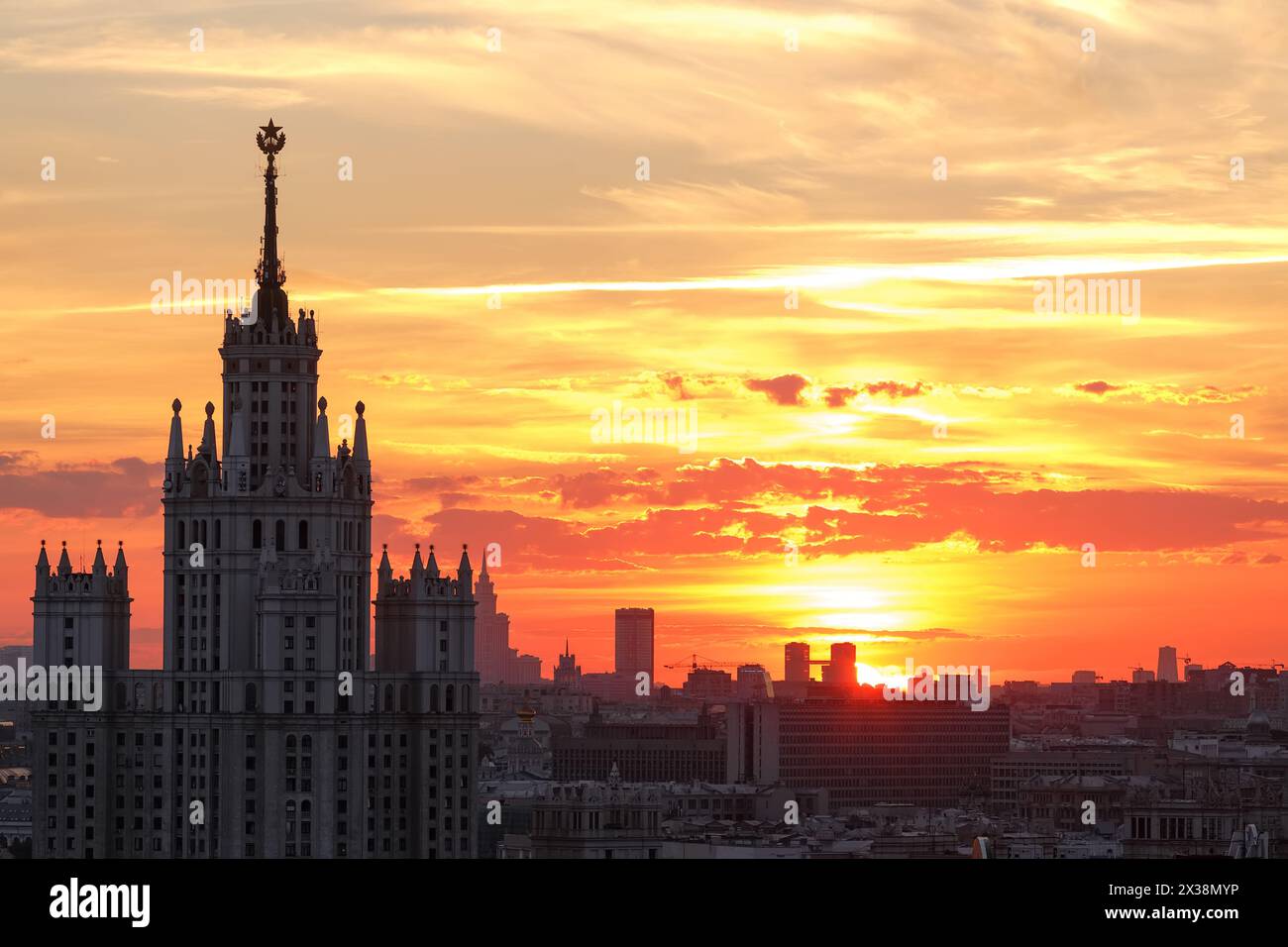 Stalin skyscraper and panorama of city during sunrise in Moscow, Russia Stock Photo